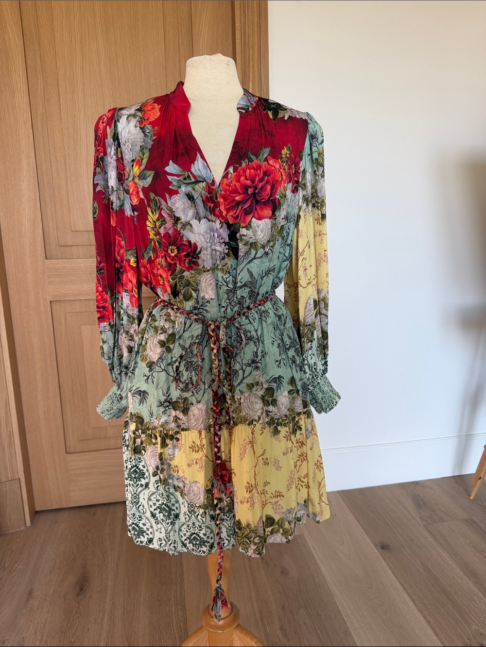 Alice + Olivia Red, Green & Yellow Floral Long-Sleeve Tie-Waist Dress